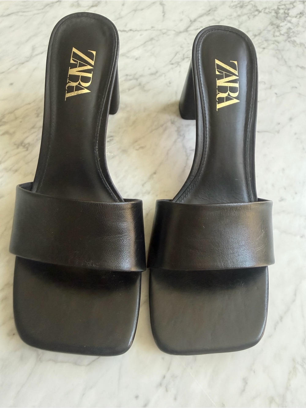 ZARA Black Leather Square-Toe Slide Mules